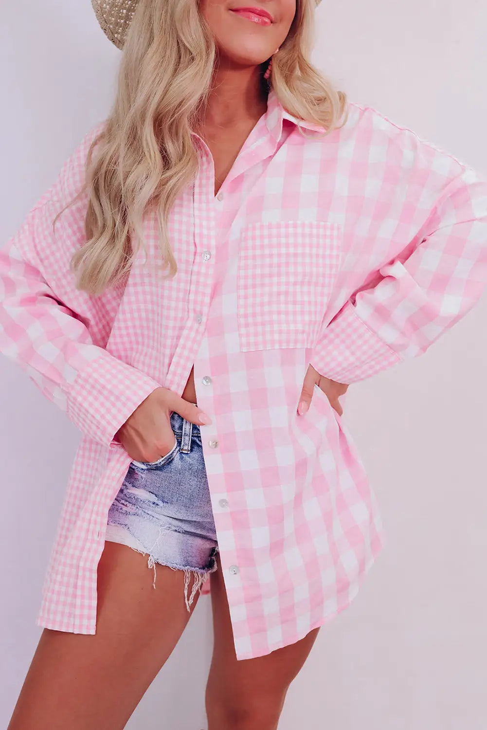 Green mix checked patchwork long sleeve shirt - pink / s / 50% polyester + 50% cotton - blouses & shirts
