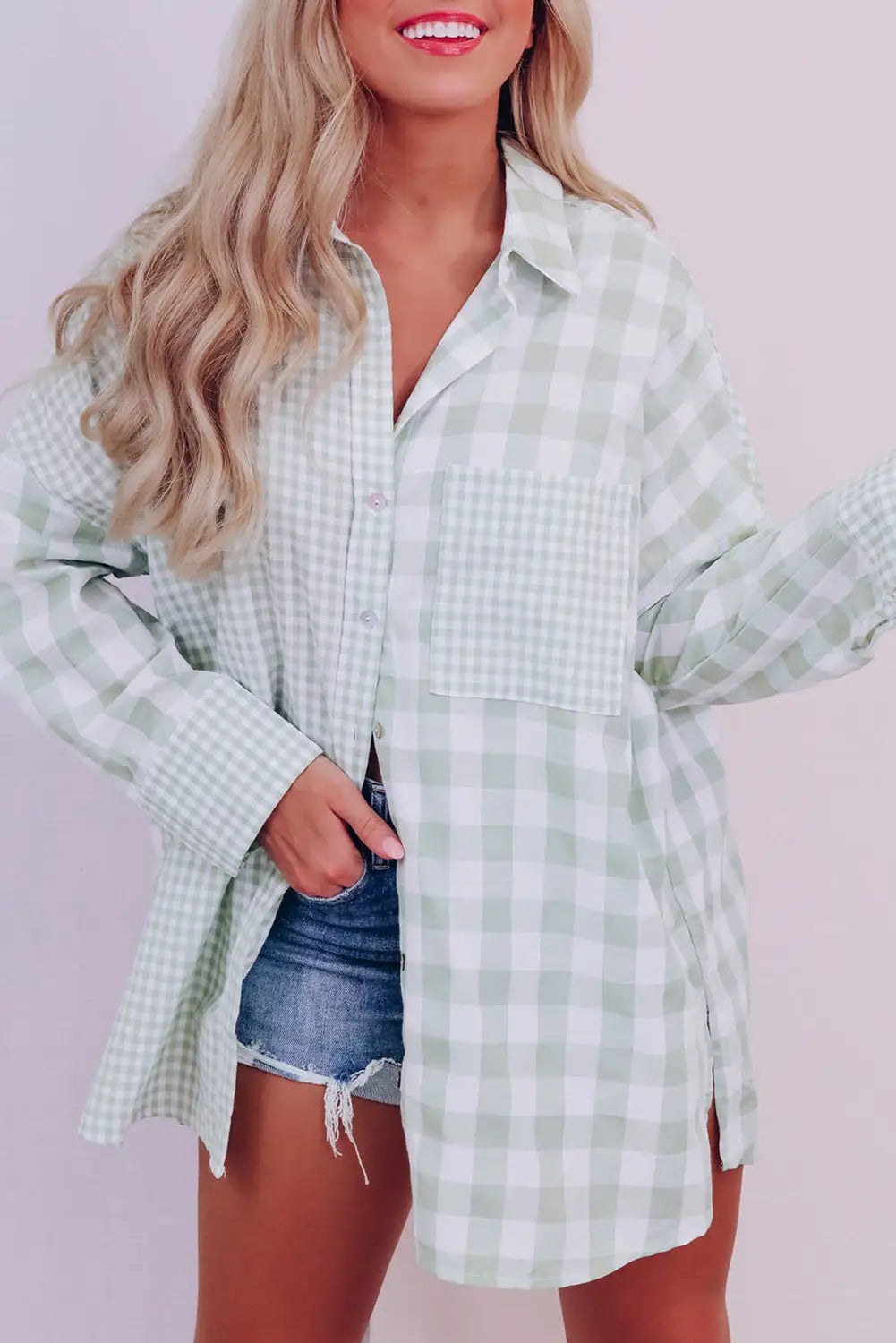 Green mix checked patchwork long sleeve shirt - s / 50% polyester + 50% cotton - blouses & shirts