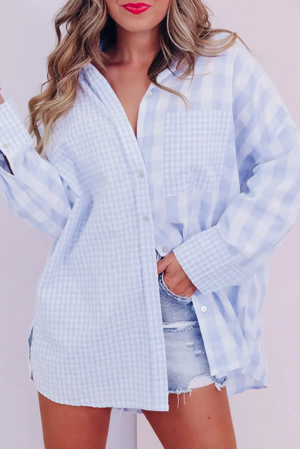 Green mix checked patchwork long sleeve shirt - sky blue / s / 50% polyester + 50% cotton - blouses & shirts