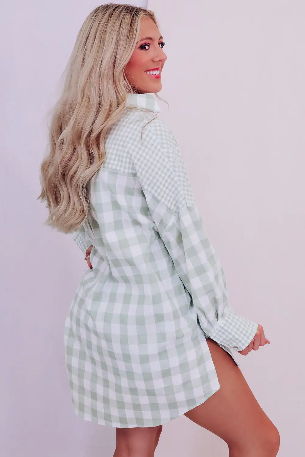 Green mix checked patchwork long sleeve shirt - blouses & shirts