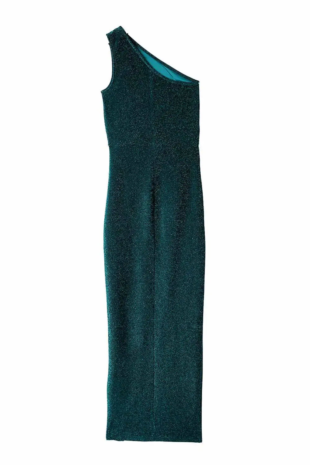Green one shoulder high slit glitter dress - evening dresses