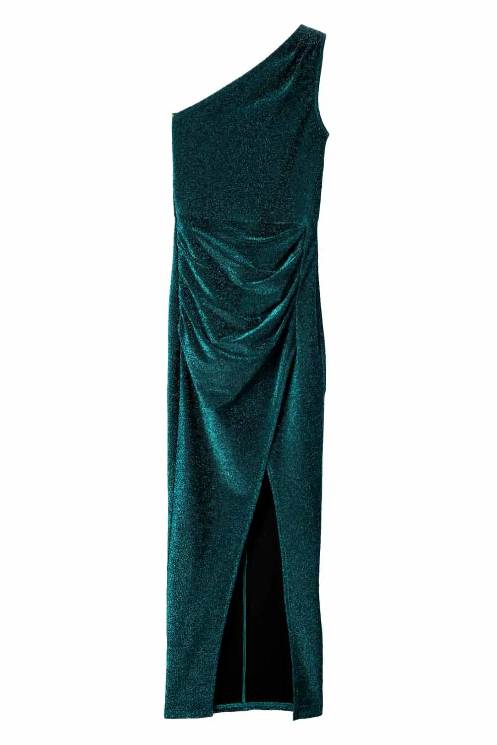 Green one shoulder high slit glitter dress - evening dresses