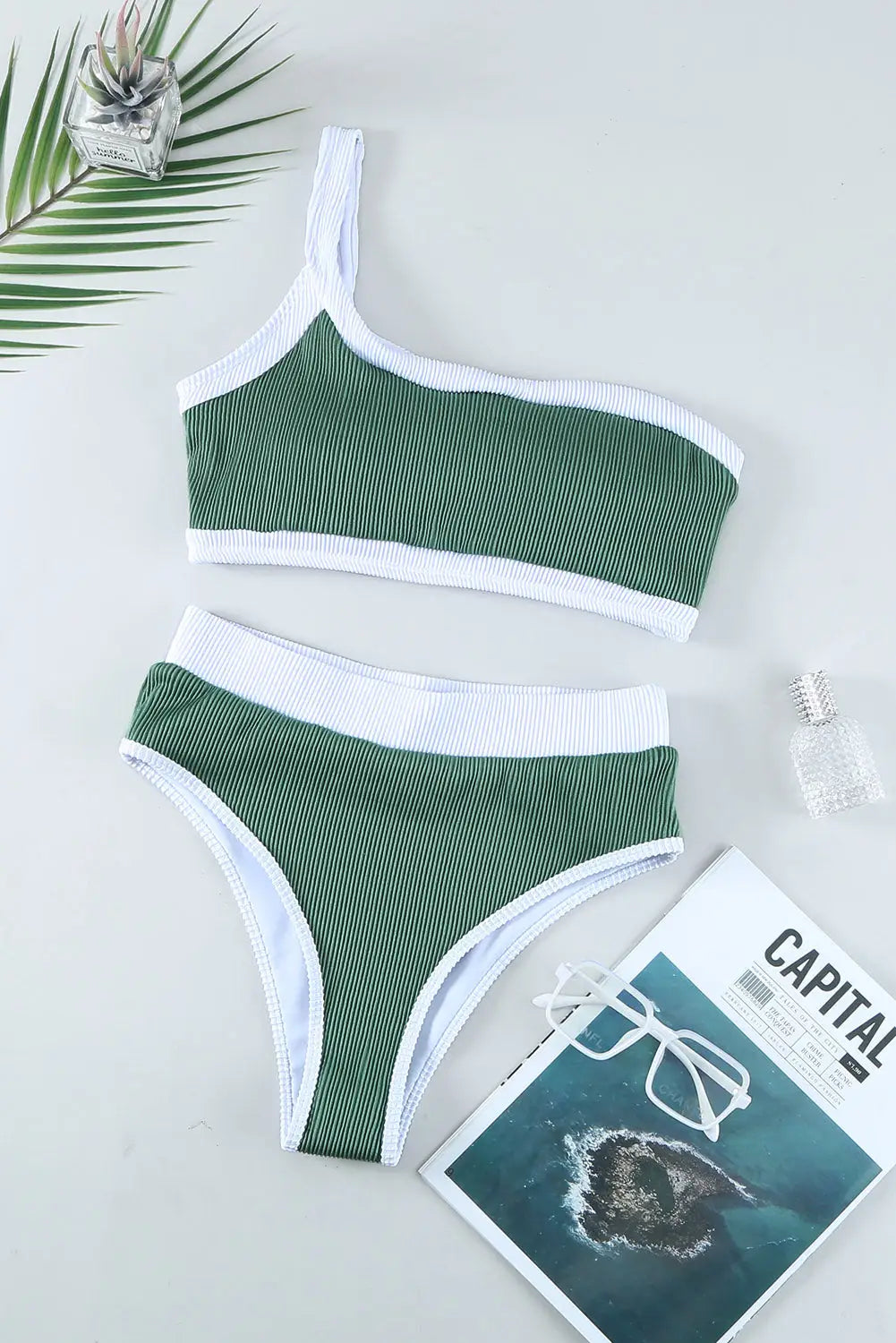 Green one shoulder patchwork high-waisted bikini set - bikinis