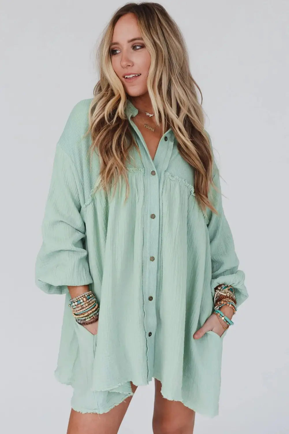 Green patchwork crinkle puff sleeve shirt dress - mini dresses