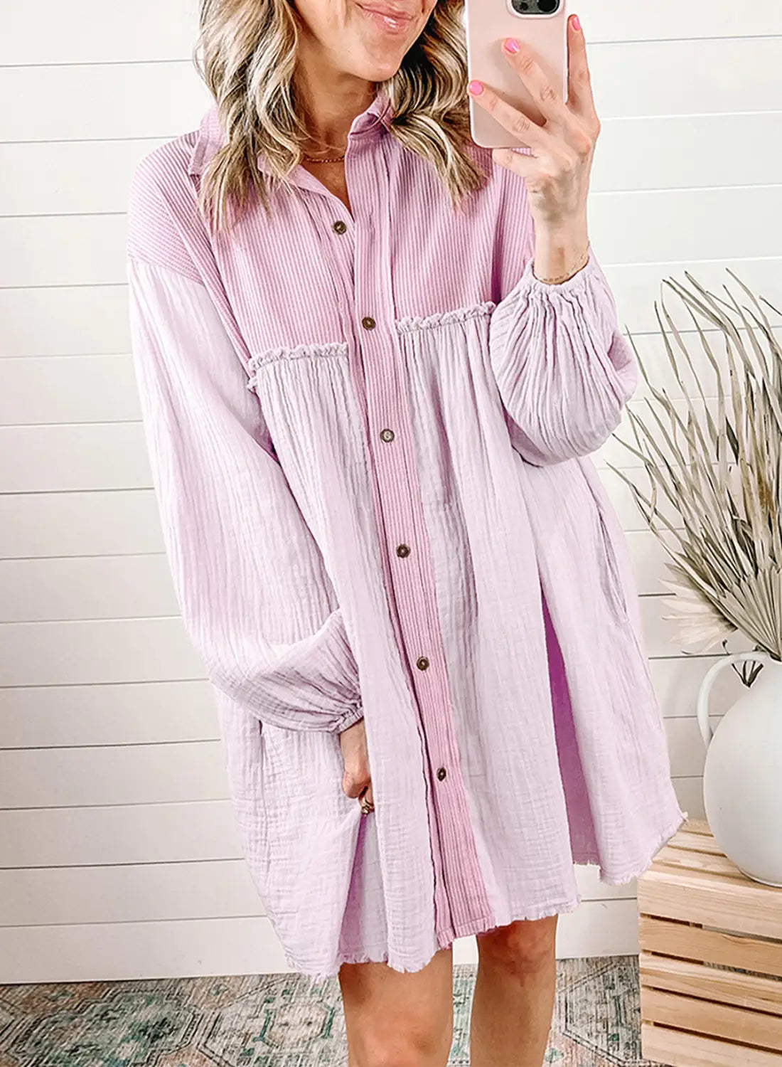 Green patchwork crinkle puff sleeve shirt dress - pink / s 100% cotton mini dresses