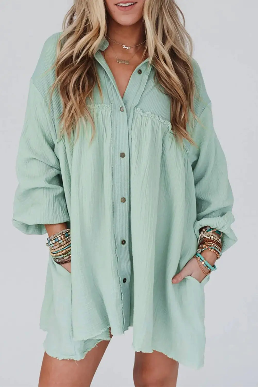 Green patchwork crinkle puff sleeve shirt dress - s / 100% cotton - mini dresses