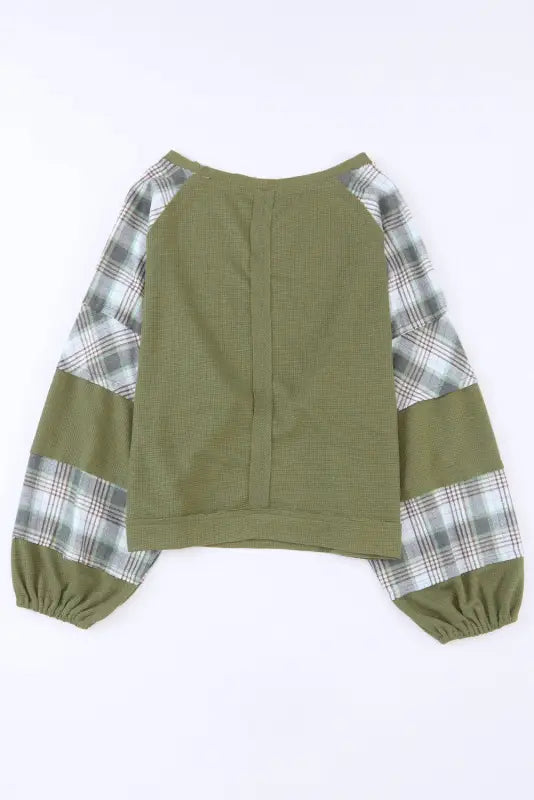 Green plaid patch waffle knit top - long sleeve tops