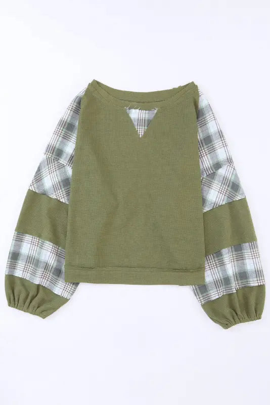 Green plaid patch waffle knit top - long sleeve tops