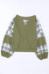 Green plaid patch waffle knit top - long sleeve tops