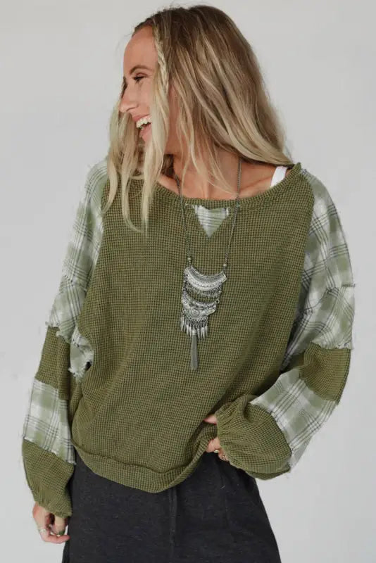 Green plaid patch waffle knit top - long sleeve tops