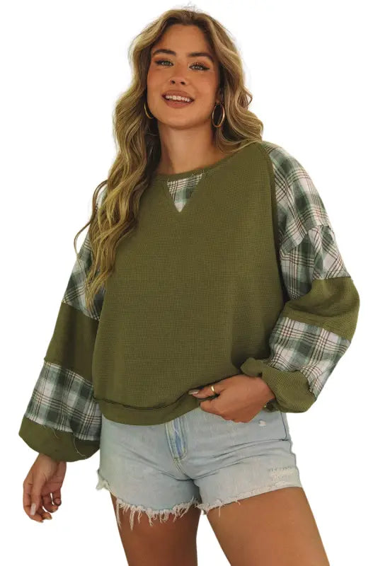 Green plaid patch waffle knit top - long sleeve tops