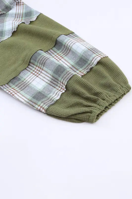 Green plaid patch waffle knit top - long sleeve tops