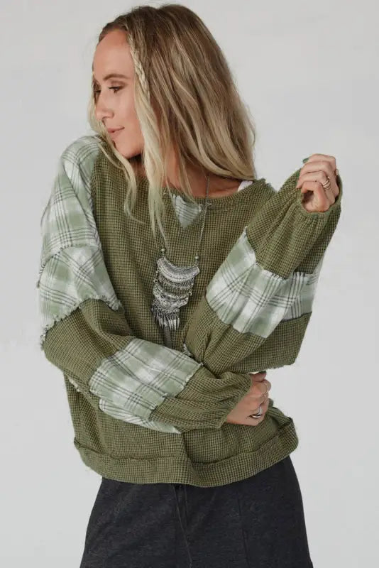 Green plaid patch waffle knit top - long sleeve tops