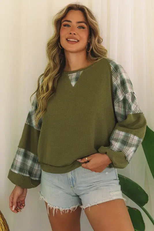 Green plaid patch waffle knit top - s / 95% polyester + 5% elastane - long sleeve tops