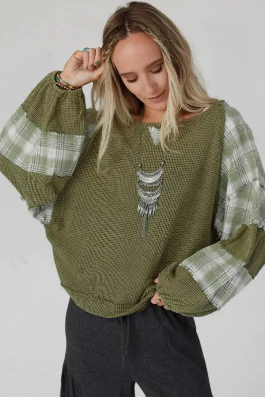 Green plaid patch waffle knit top - long sleeve tops