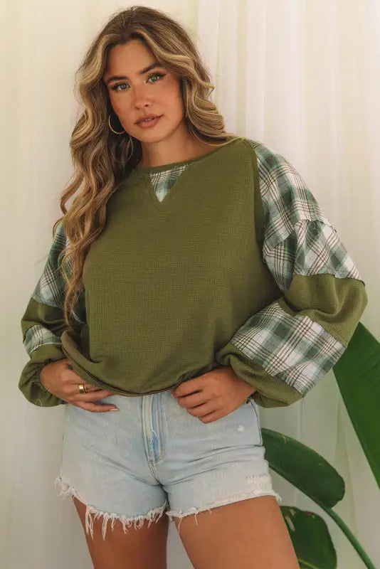 Green plaid patch waffle knit top - long sleeve tops