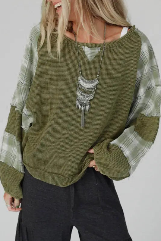 Green plaid patch waffle knit top - long sleeve tops