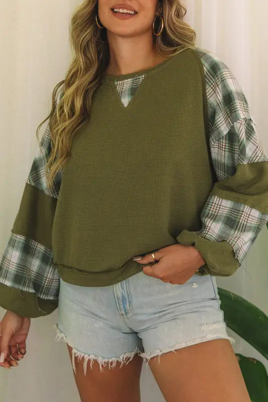 Green plaid patch waffle knit top - long sleeve tops