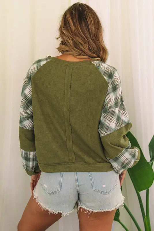 Green plaid patch waffle knit top - long sleeve tops