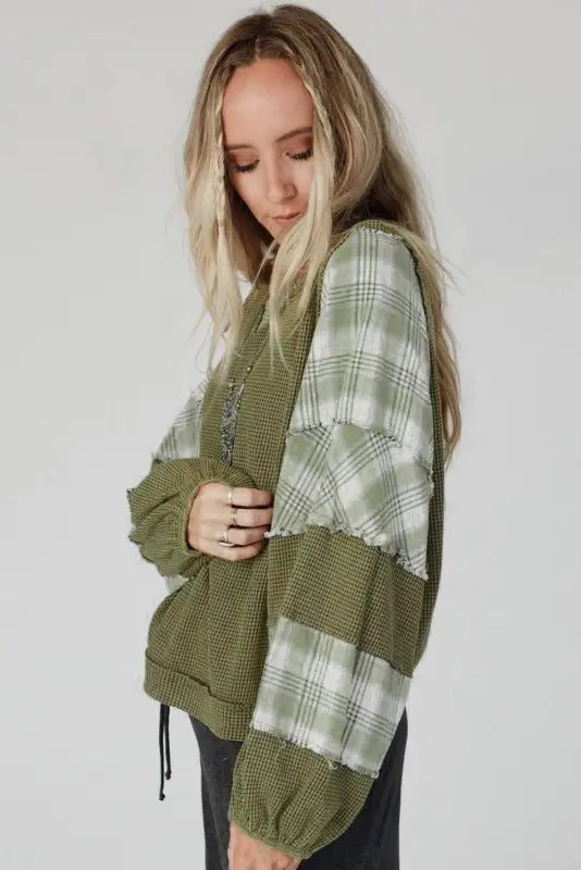 Green plaid patch waffle knit top - long sleeve tops