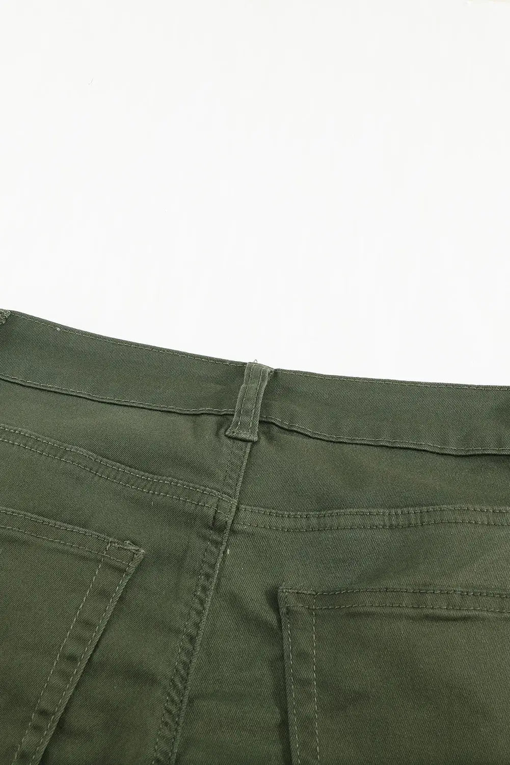 Green plain high waist buttons frayed cropped denim jeans