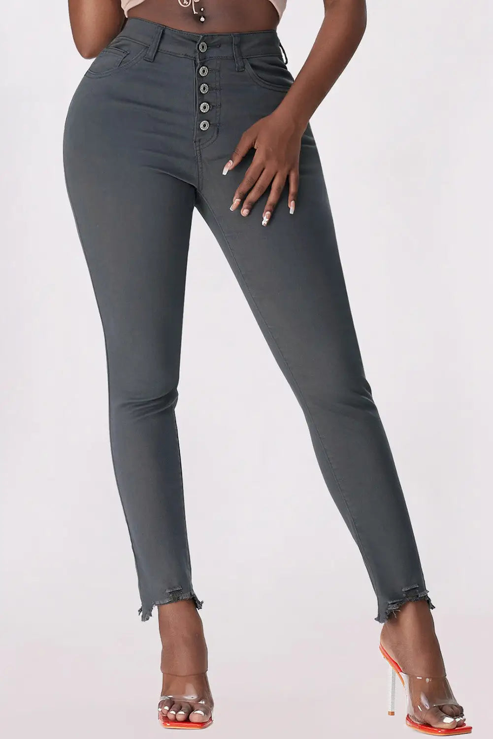 Green plain high waist buttons frayed cropped denim jeans - gray / 4 / 98% cotton + 2% elastane
