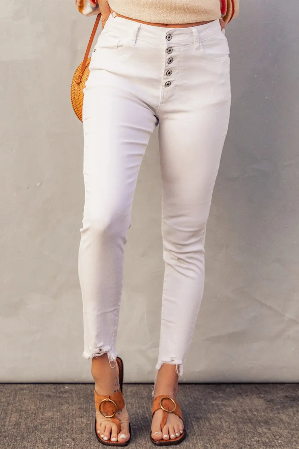 Green plain high waist buttons frayed cropped denim jeans - white / xxs 98% cotton + 2% elastane