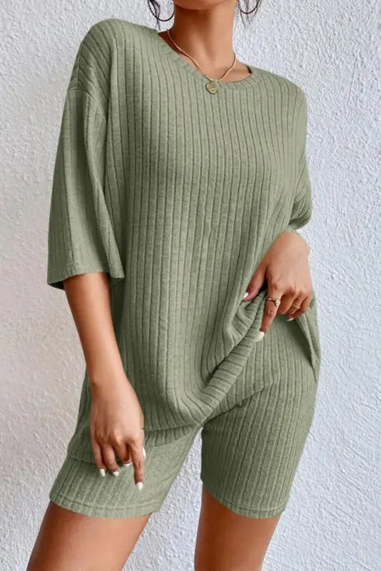 Green plain ribbed loose fit two piece lounge set - loungewear