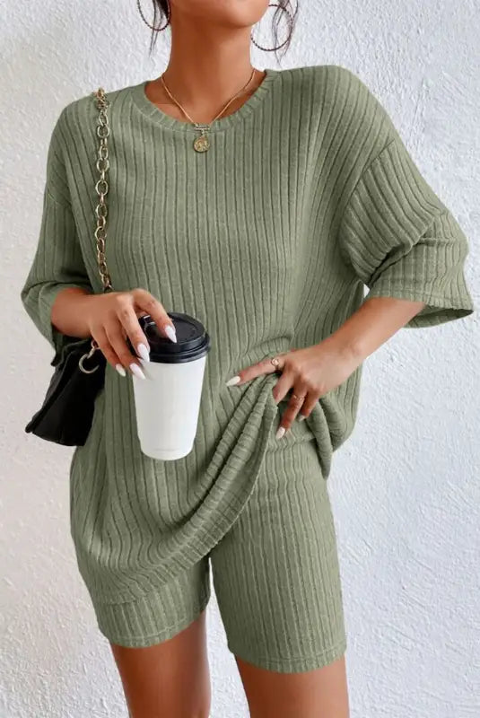 Green plain ribbed loose fit two piece lounge set - loungewear