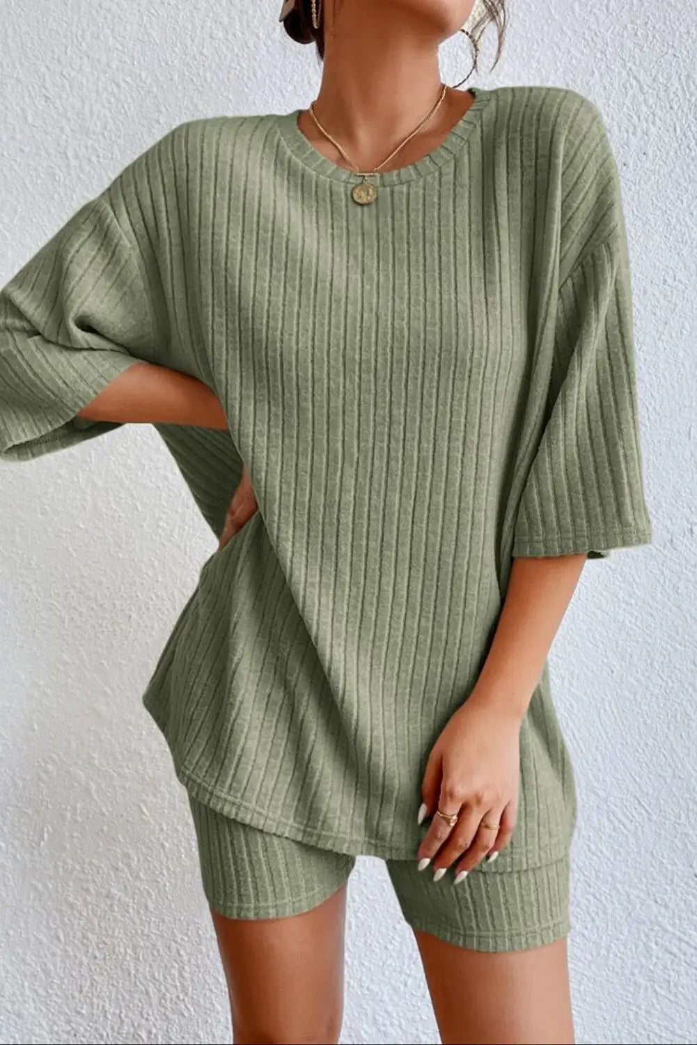 Green plain ribbed loose fit two piece lounge set - s / 95% polyester + 5% elastane - loungewear