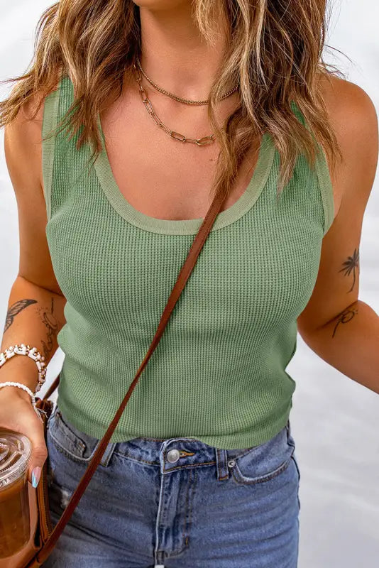 Green plain waffle knit tank top - tops