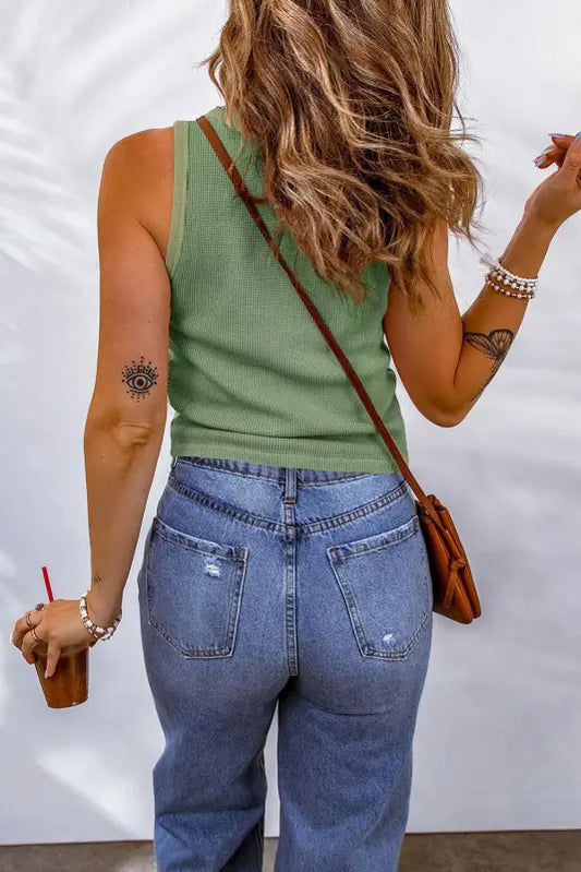 Green plain waffle knit tank top - tops