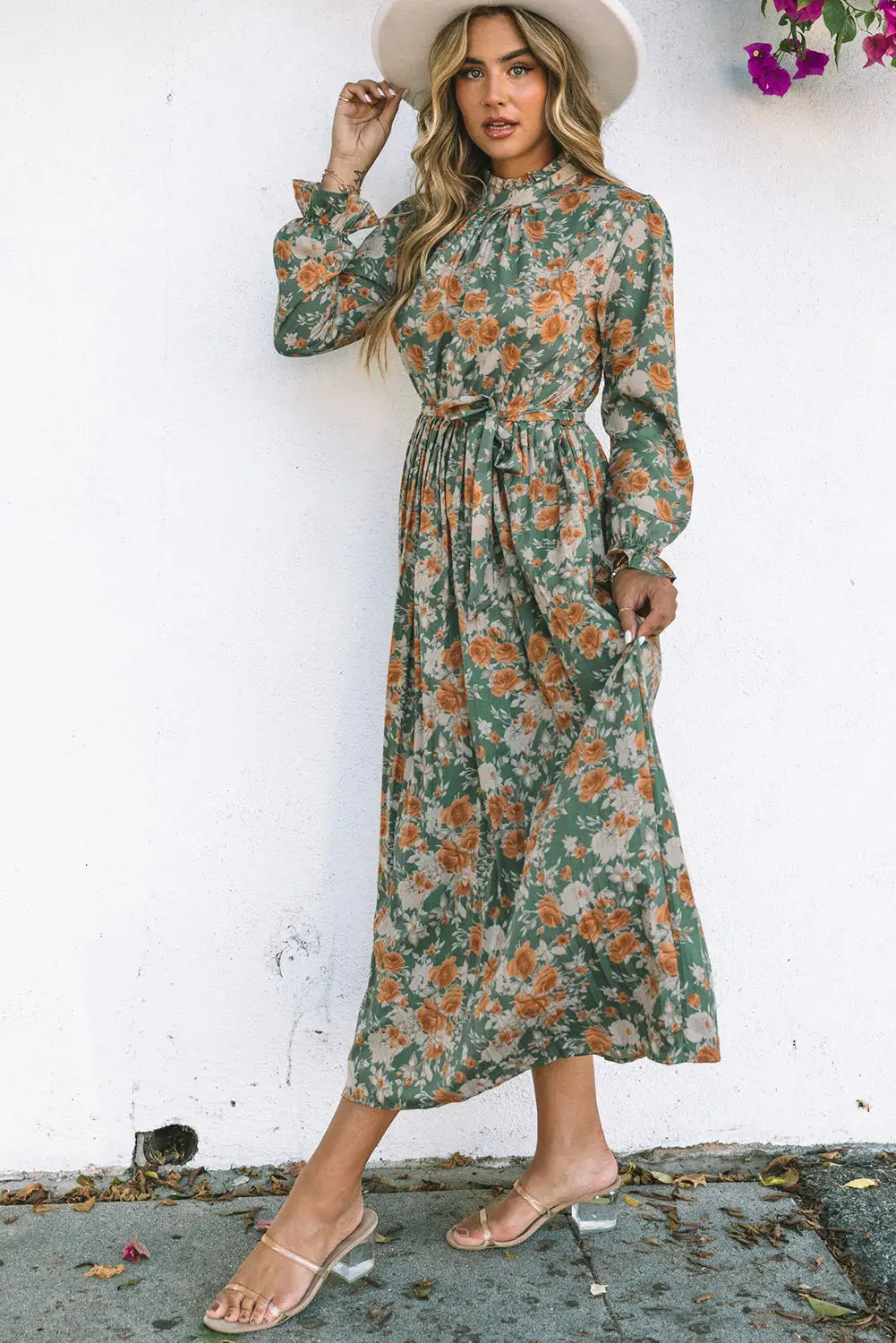 Green pleated long sleeve maxi floral dress with tie - dresses