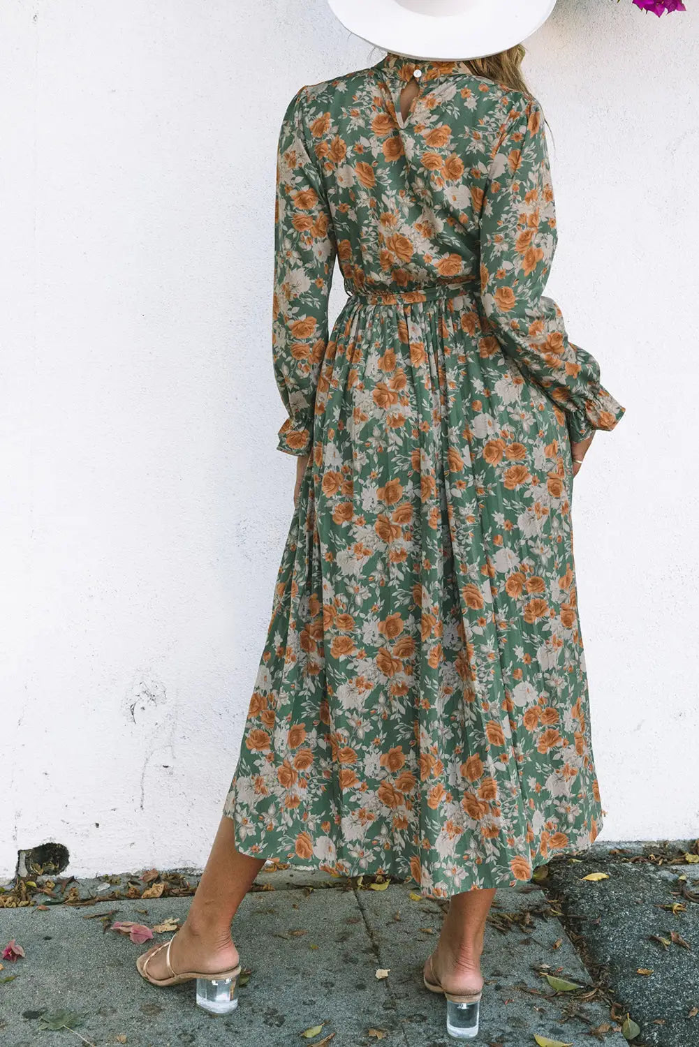 Green pleated long sleeve maxi floral dress with tie - dresses