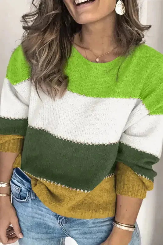 Green Plus Size Color Block Patchwork Sweater - Fashionfitz