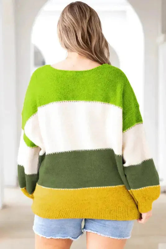 Green Plus Size Color Block Patchwork Sweater - Fashionfitz