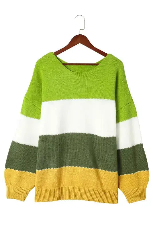Green Plus Size Color Block Patchwork Sweater - Fashionfitz