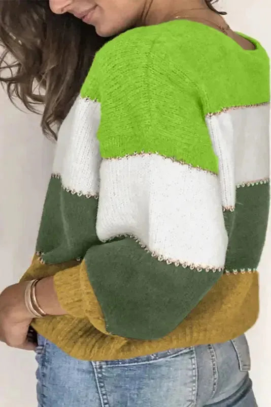 Green Plus Size Color Block Patchwork Sweater - Fashionfitz