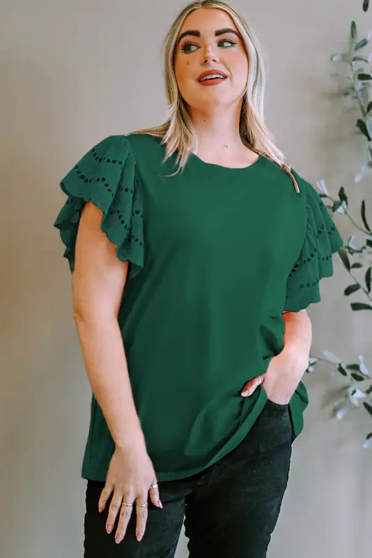 Green plus size flutter sleeve top - green-2 / 1x / 100% cotton - size/plus tops/plus tops & tees