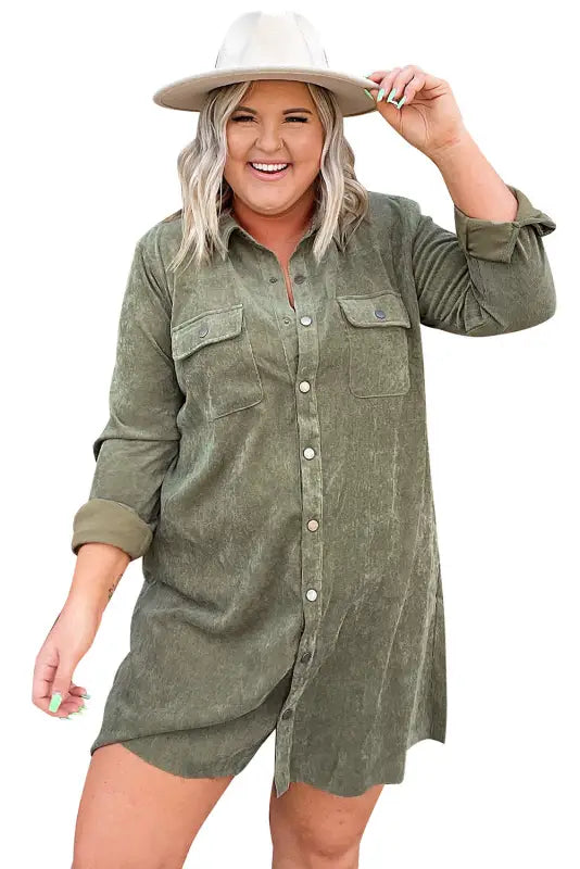 Green plus size long sleeve buttoned shirt dress