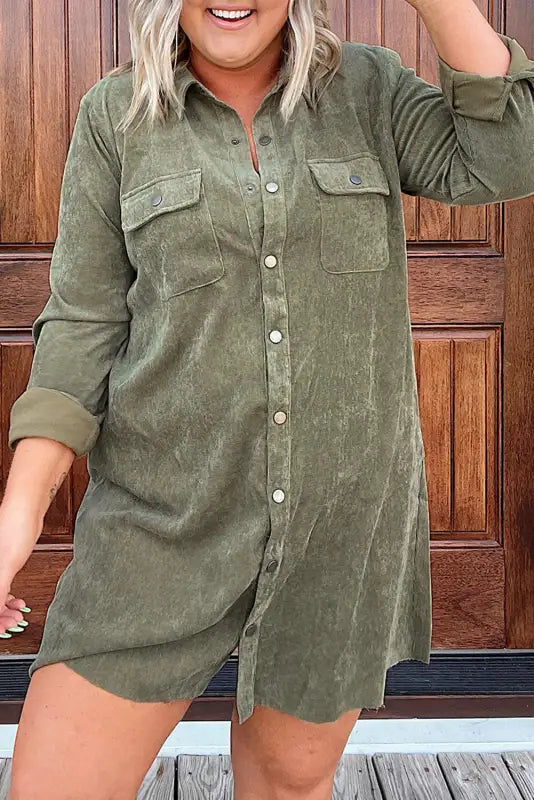 Green plus size long sleeve buttoned shirt dress - 1x / 100% cotton