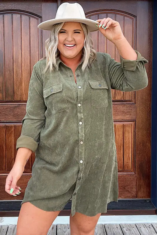 Green plus size long sleeve buttoned shirt dress