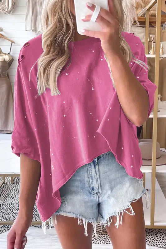 Green plus size ripped half sleeve blouse - pink / s / 95% cotton + 5% elastane