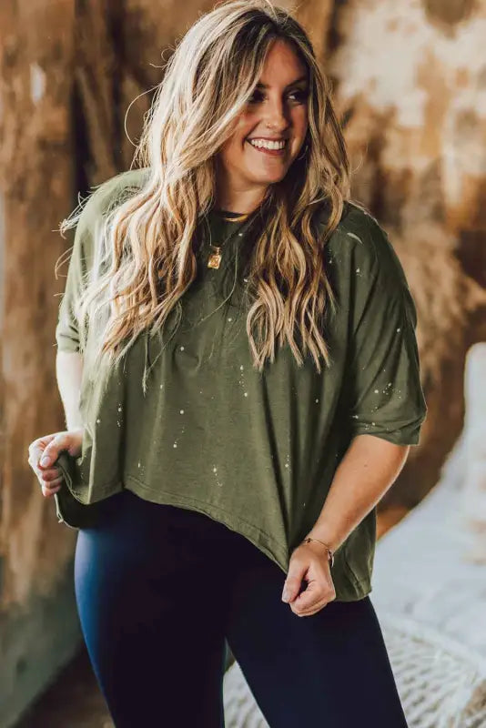 Green plus size ripped half sleeve blouse