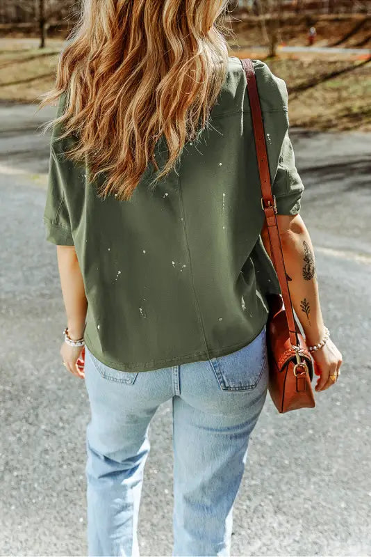 Green plus size ripped half sleeve blouse