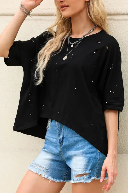 Green plus size ripped half sleeve blouse