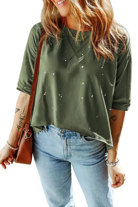 Green plus size ripped half sleeve blouse