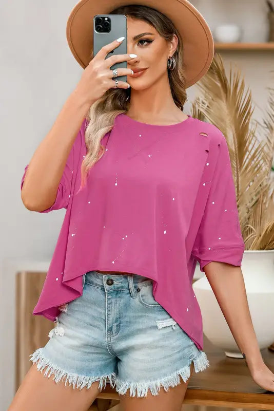 Green plus size ripped half sleeve blouse