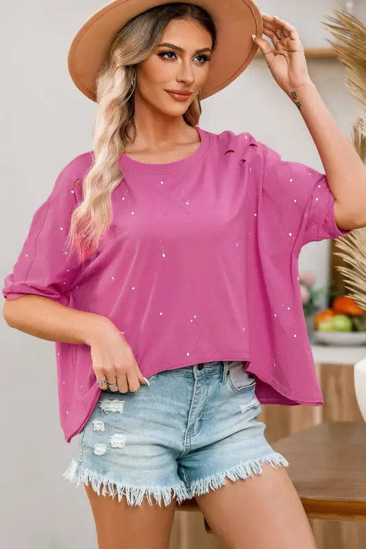 Green plus size ripped half sleeve blouse