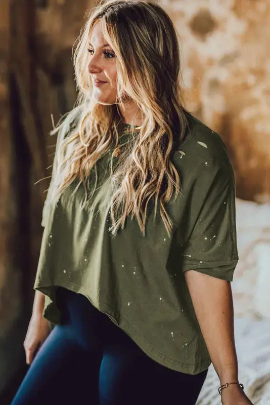 Green plus size ripped half sleeve blouse